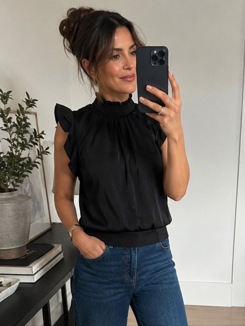Express Black Satin Flutter Sleeve Smocked Mock Neck Blouse – Size Medium